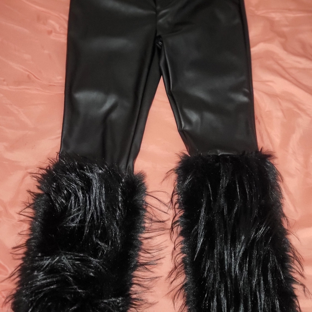 Women's Black Faux Leather Pants with Fur Trim - Picture 3 of 11
